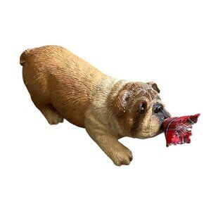 Vtg Sandicast "Pesky Peepers" Bulldog Fawn Figurine With Plaid Cloth Signed BRUE